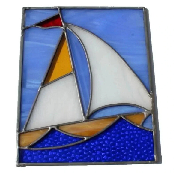 Vintage Leaded Stained Glass Window Sailboat Ship Lake Ocean Panel Boat Yacht - Picture 2 of 2
